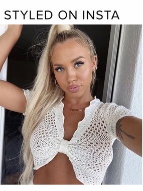 Festival Cutie White Crochet Knot-Front Crop Top- 1X